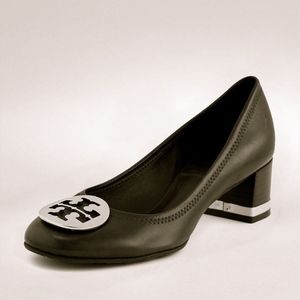 TORY BURCH Amy Black Leather Silver Pumps US 7